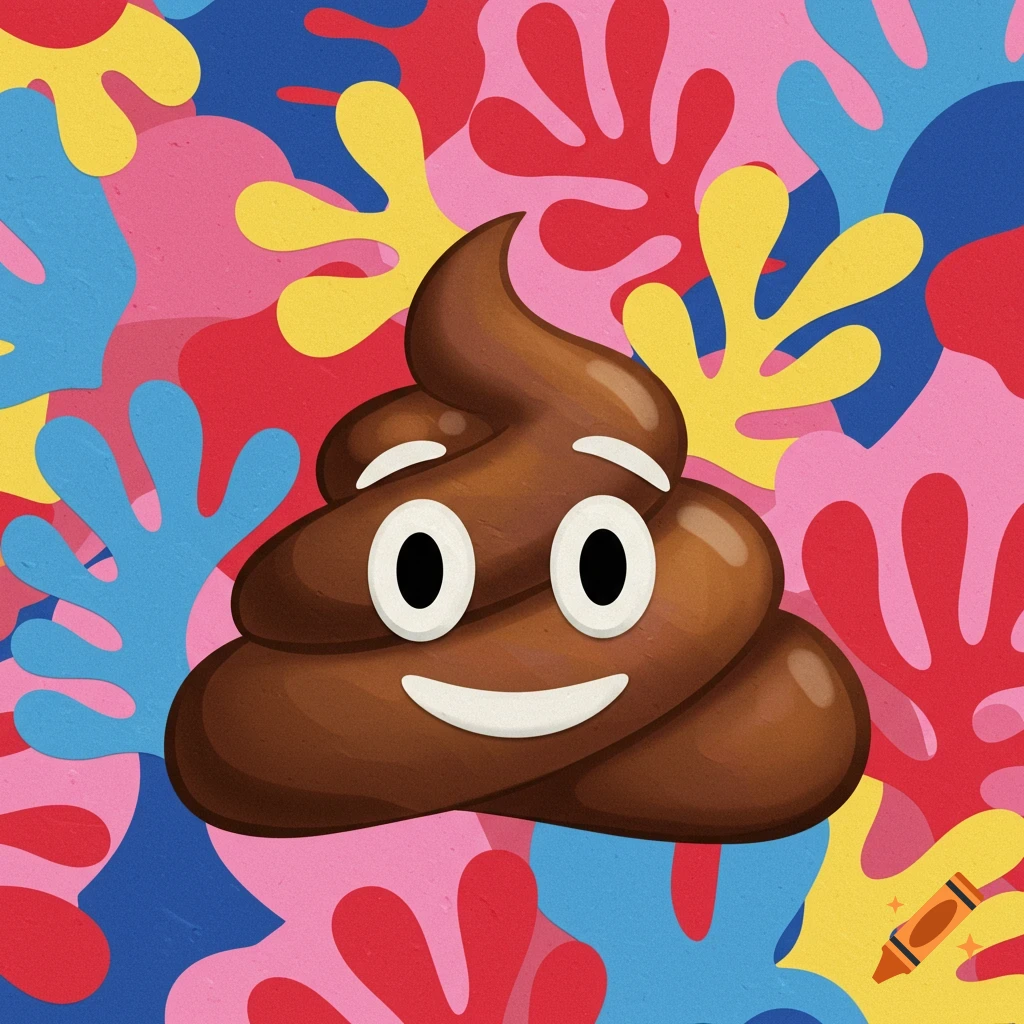 A smiling pile of poo emoji on a colorful abstract background resembling Matisse cut-outs.