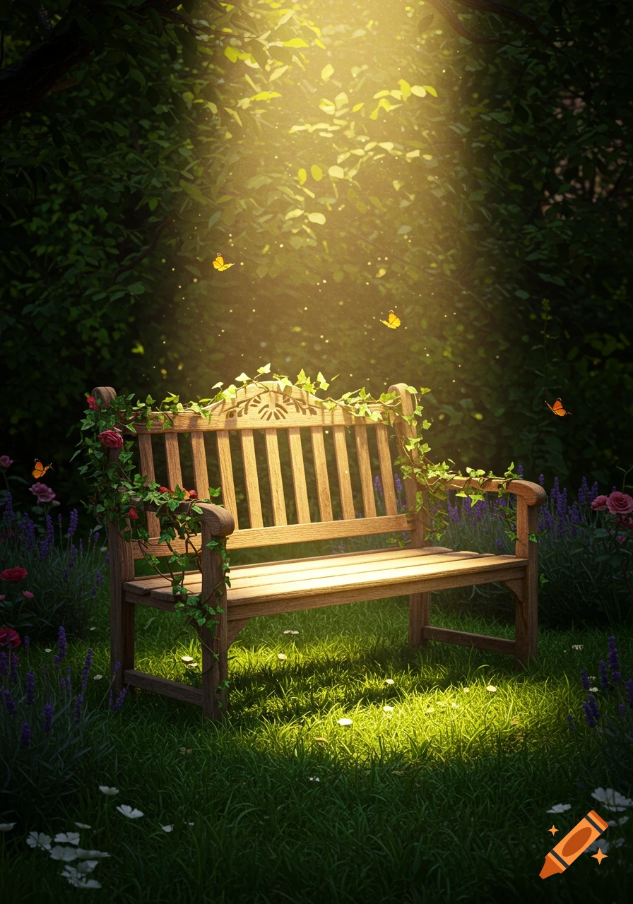 A sun-drenched wooden garden bench overgrown with vines and roses, surrounded by lush green grass, lavender, and butterflies.