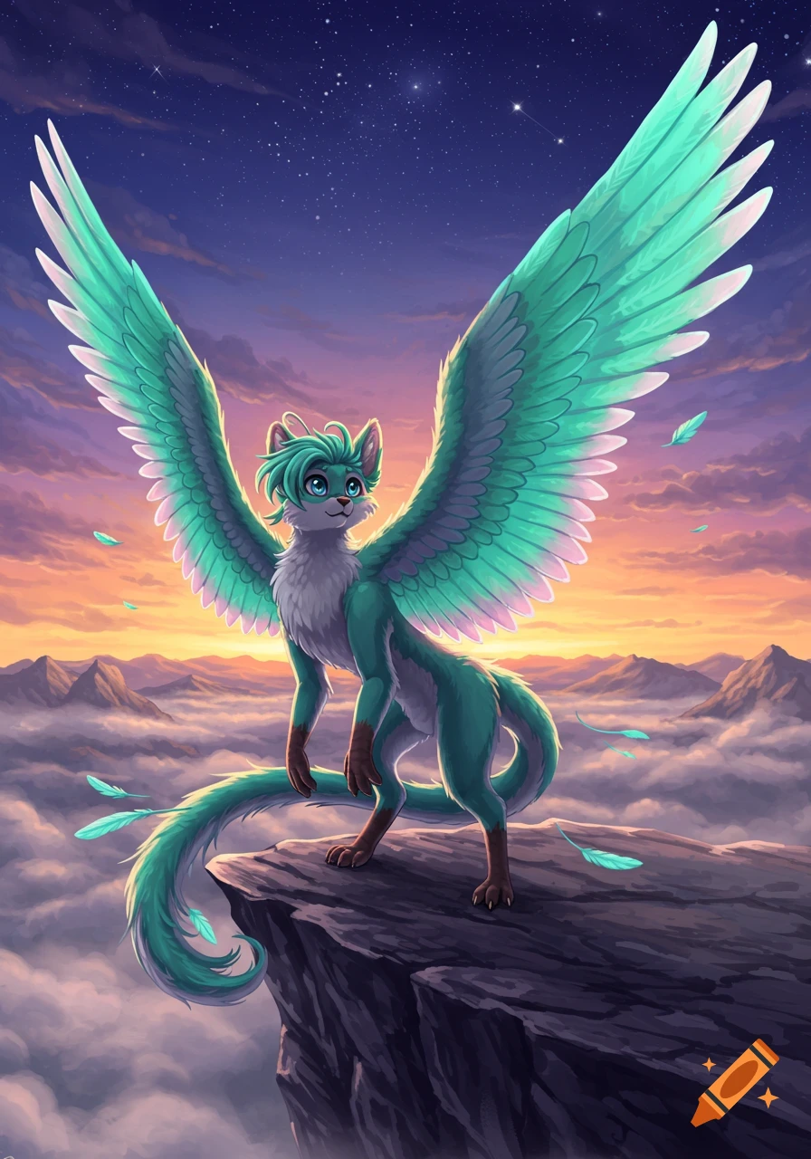 An anime-style teal-winged furry creature stands on a cliff edge above clouds with mountains and a sunset sky.