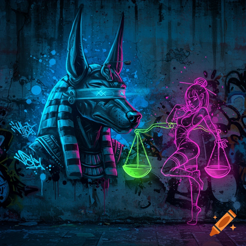 Neon graffiti mural of Anubis and a Japanese woman holding scales on a dark, worn wall with paint drips.