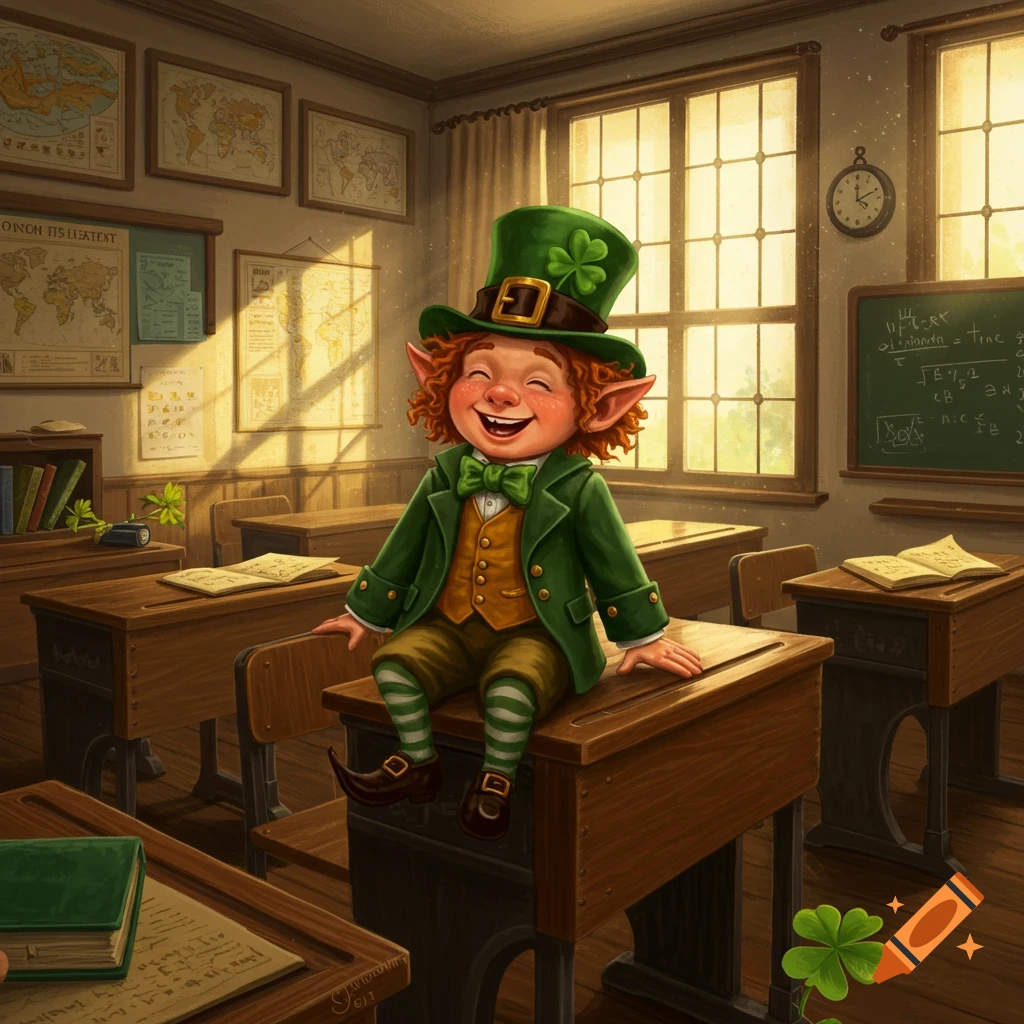 A happy, ginger leprechaun in a green suit sits smiling on a desk in a sunlit classroom with maps and a blackboard.