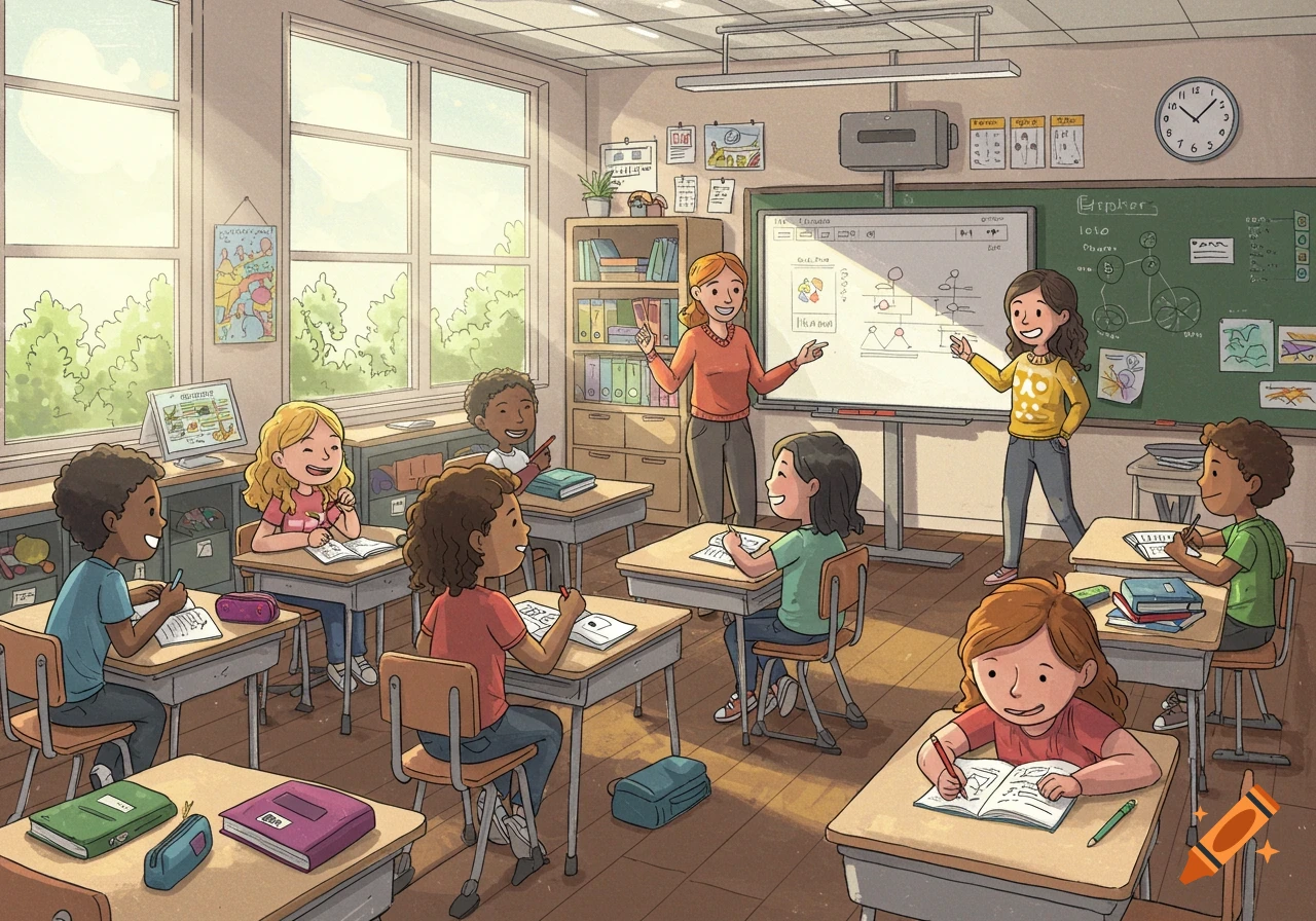 Illustrated classroom scene with a diverse group of children and a teacher at a whiteboard, all smiling and engaged.