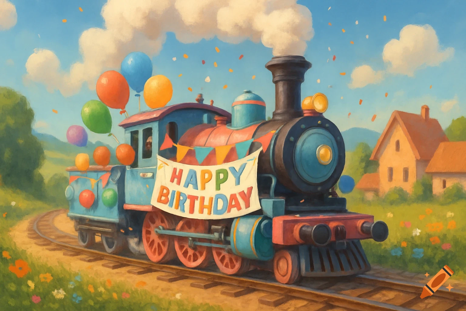 A vibrant, painted style illustration of a birthday train decorated with balloons and a 'Happy Birthday' banner on tracks.