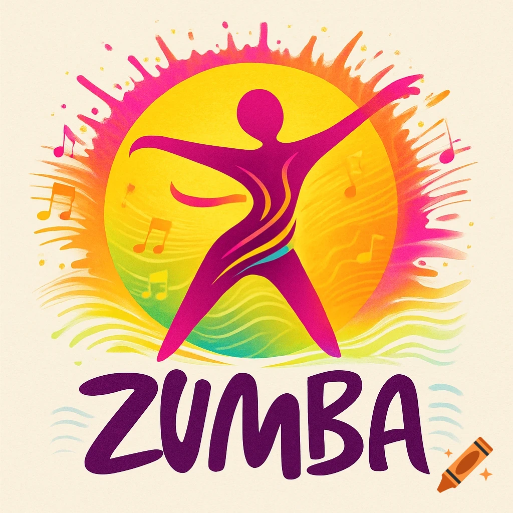 Colorful Zumba logo featuring a magenta dancer silhouette, musical notes, and a vibrant sunburst background with 'ZUMBA' text.