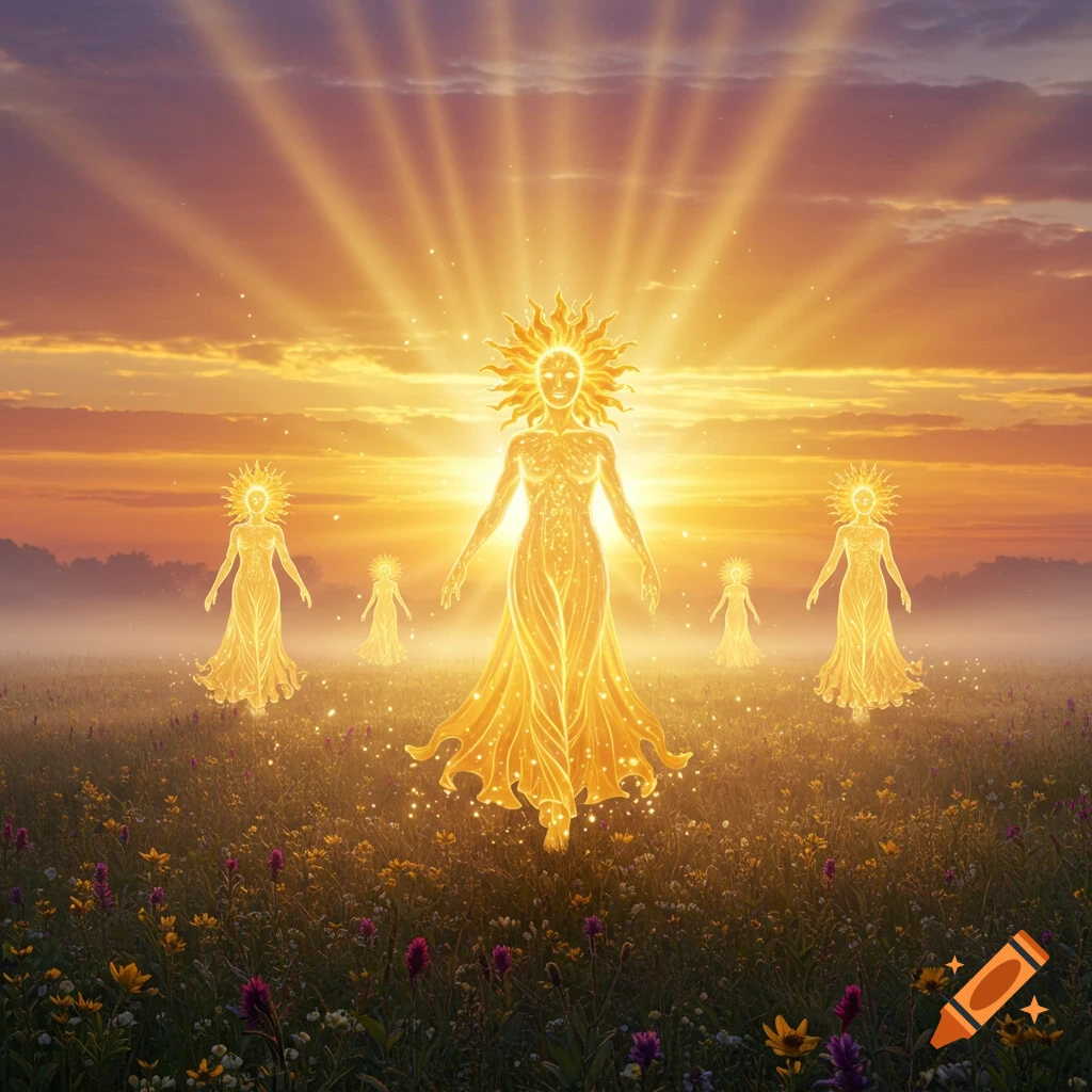 Ethereal sun people glowing brightly in a field of wildflowers at sunset.