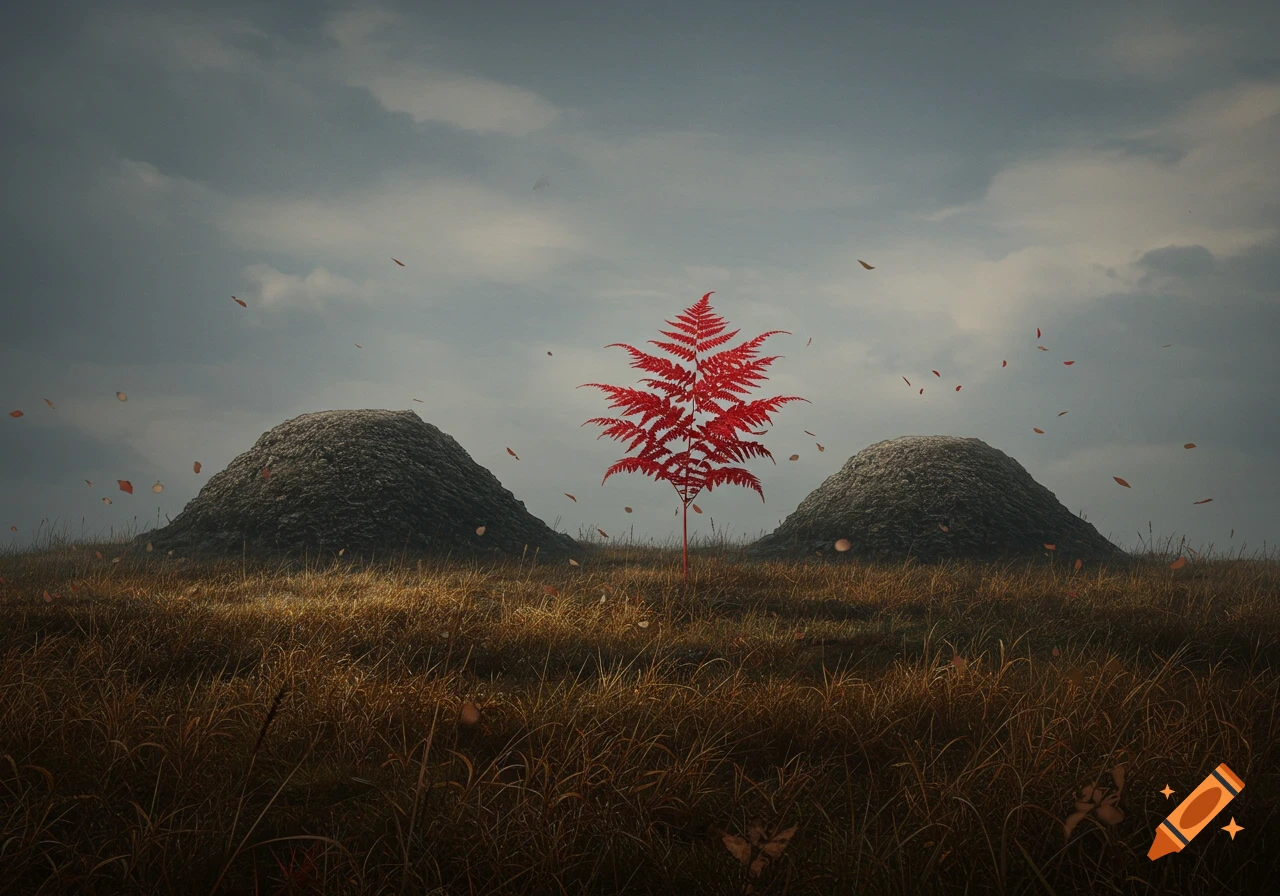 A vibrant red fern stands between two large earthy mounds in a field of dry, tall grass under a cloudy sky with falling red leaves.