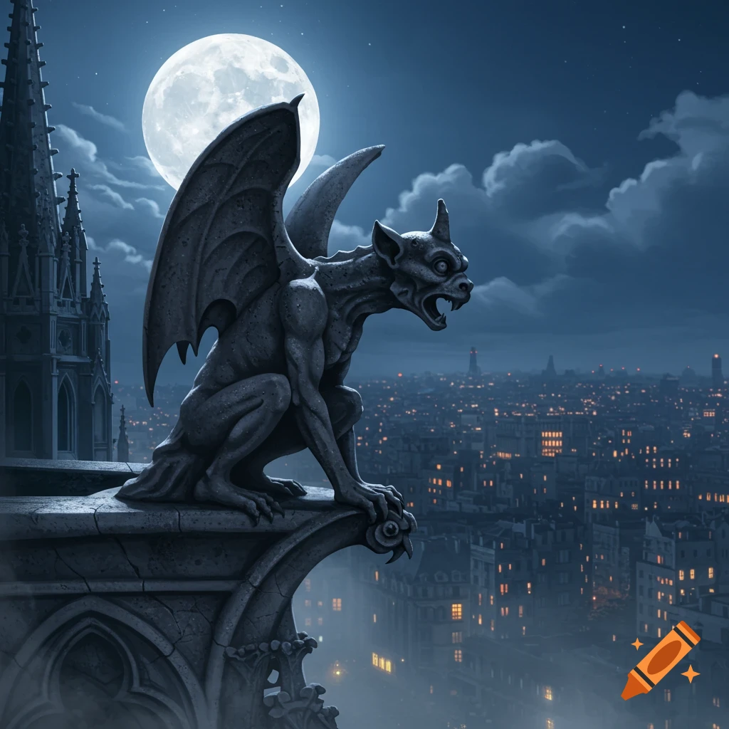 A stone gargoyle statue perched on a gothic building overlooking a city at night under a full moon.