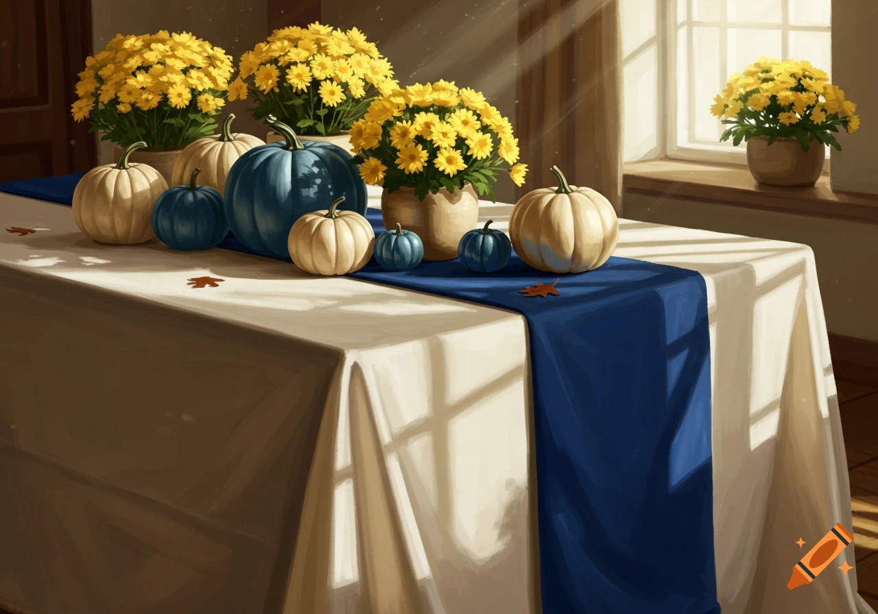 An autumn table setting with a white tablecloth, blue runner, yellow mums, and blue and ivory pumpkins.