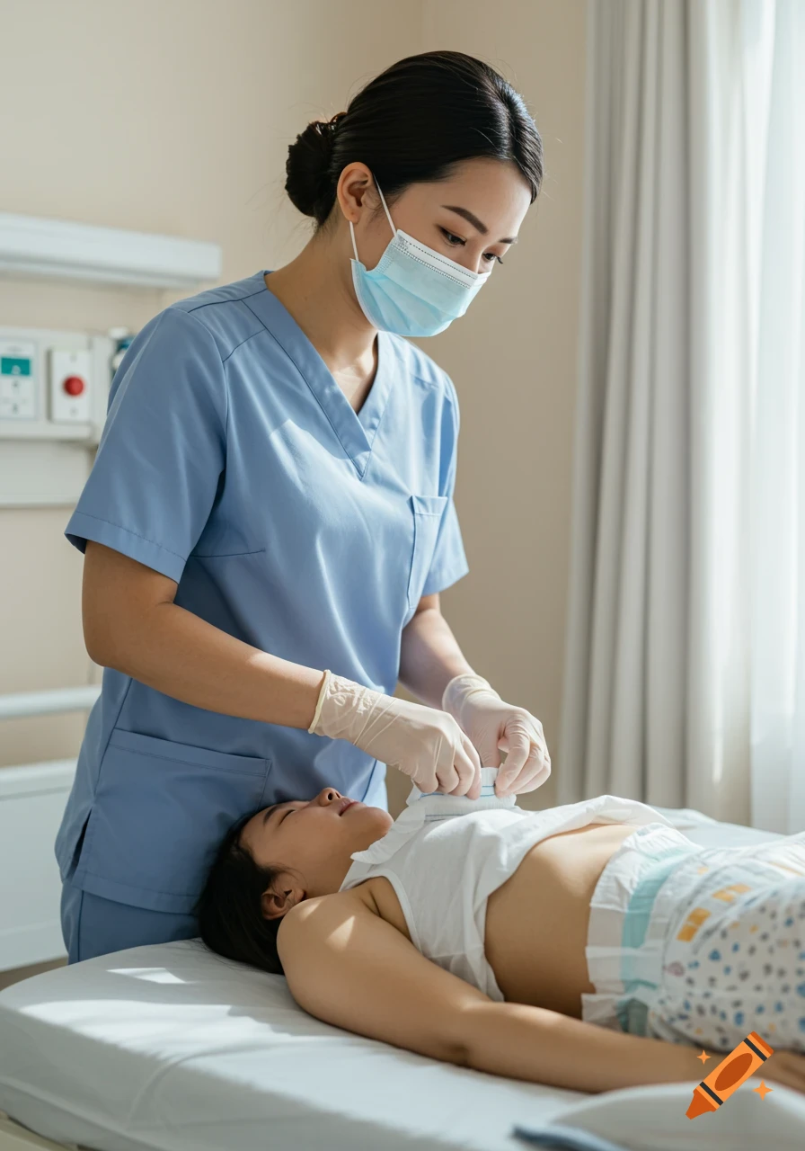 A female nurse in a mask and gloves puts a nappy on a young woman in a hospital bed, photorealistic.