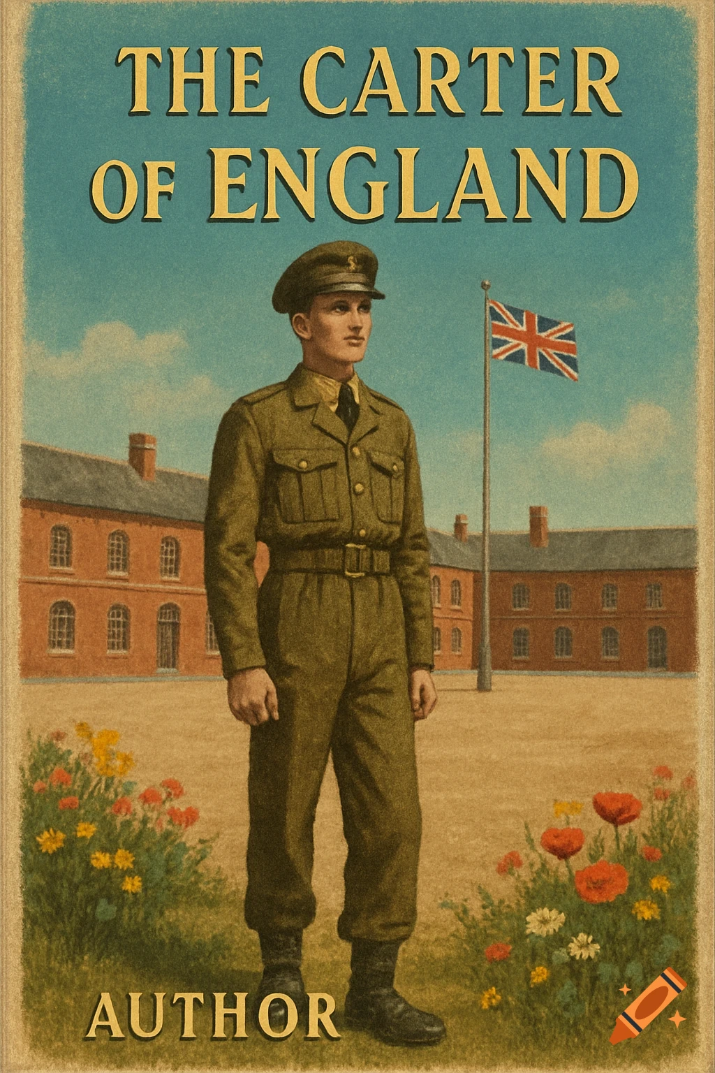 Vintage book cover titled "THE CARTER OF ENGLAND", featuring a young man in a 1950s British military uniform standing in a courtyard with buildings and a Union Jack flag.