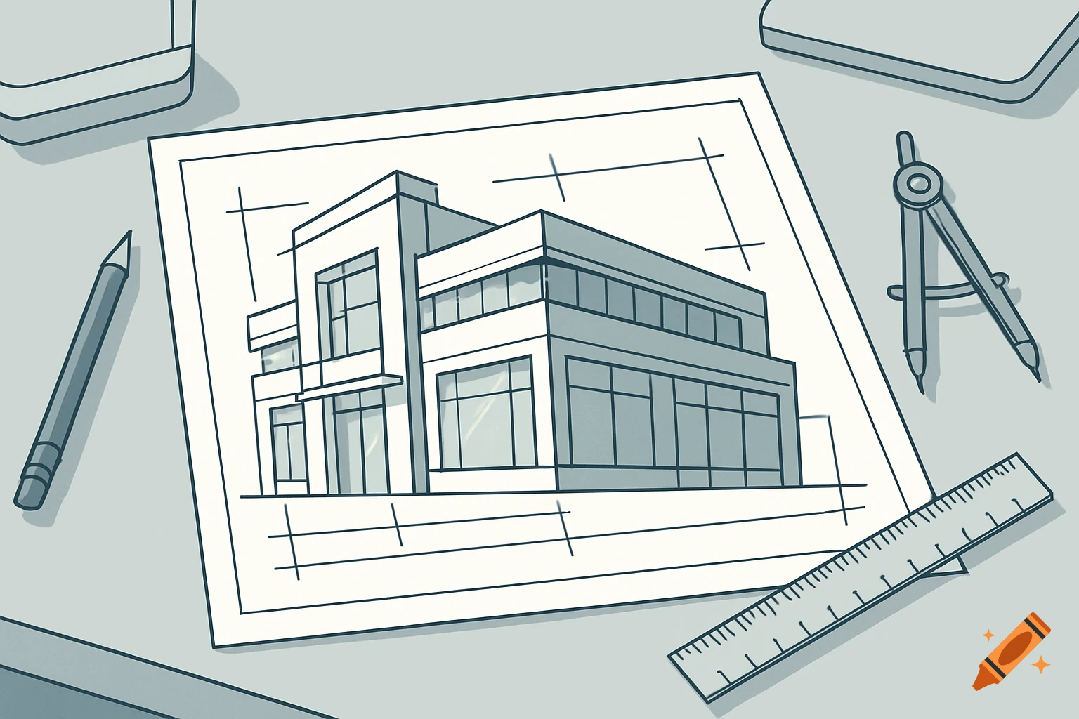 An illustrative line art blueprint of a modern commercial building on a desk with a pencil, compass, and ruler.