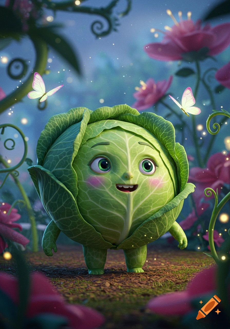 A cute, smiling cartoon cabbage character with big eyes stands in a magical garden with glowing flowers and butterflies.