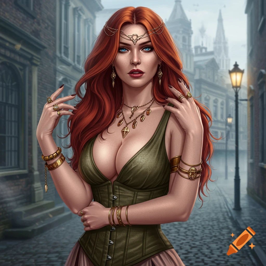 A red-haired woman with a green corset and ornate jewelry stands in a cobblestone Victorian street.