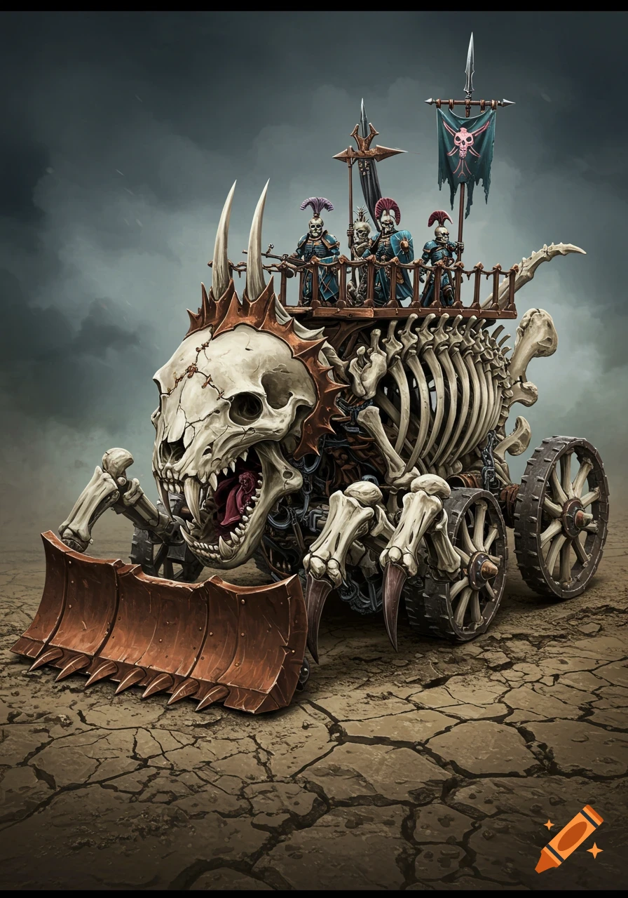 A dark fantasy bone war chariot, shaped from a giant skull and skeleton, with a bronze dozer blade and a skeletal crew, on cracked earth.