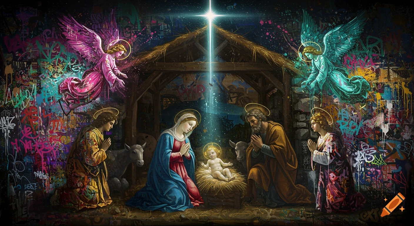 Classical nativity scene with Mary, Joseph, baby Jesus, wise men, and angels, set against a vibrant, graffiti-covered background.