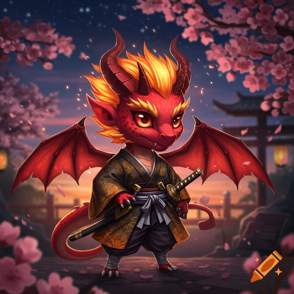 A cute chibi red demon dragon wearing a black and gold kimono, holding a katana under cherry blossoms at dusk.