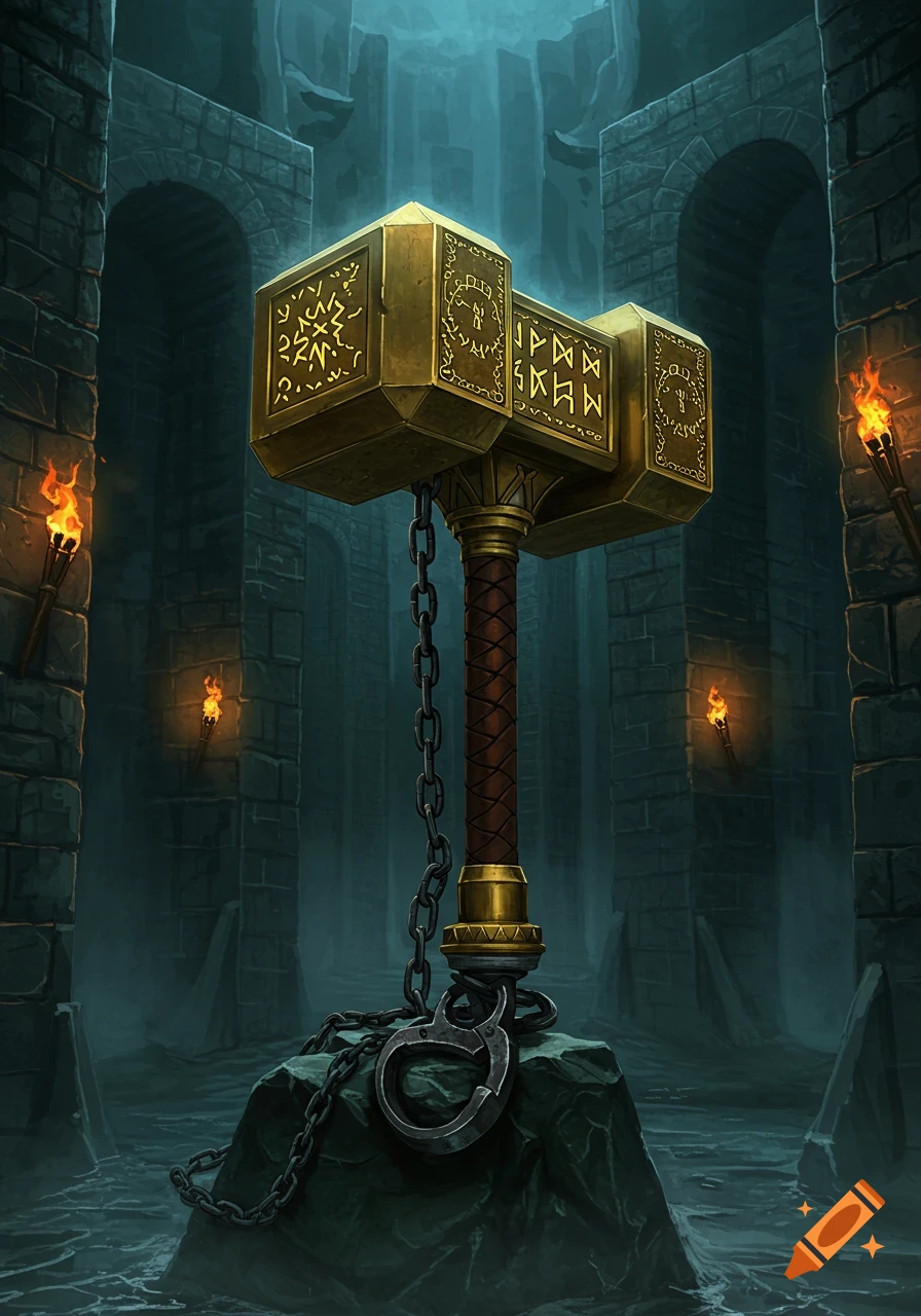 A detailed golden warhammer with runic symbols and a chain, resting on a rock in a dark, torchlit dungeon.