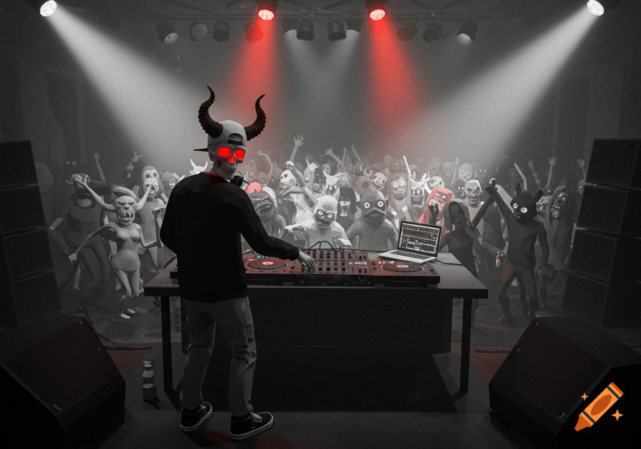 A skeleton DJ with glowing red eyes and ram horns performs a set for a crowd of stylized ghouls and monsters in a retro video game style.