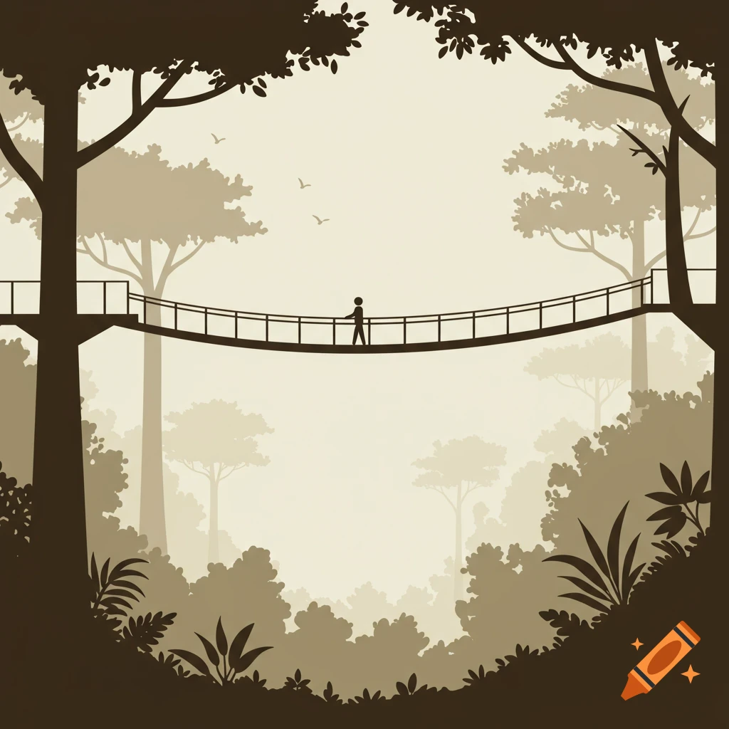 Simplified illustration of a person on a canopy walkway through a dense, sepia-toned forest.