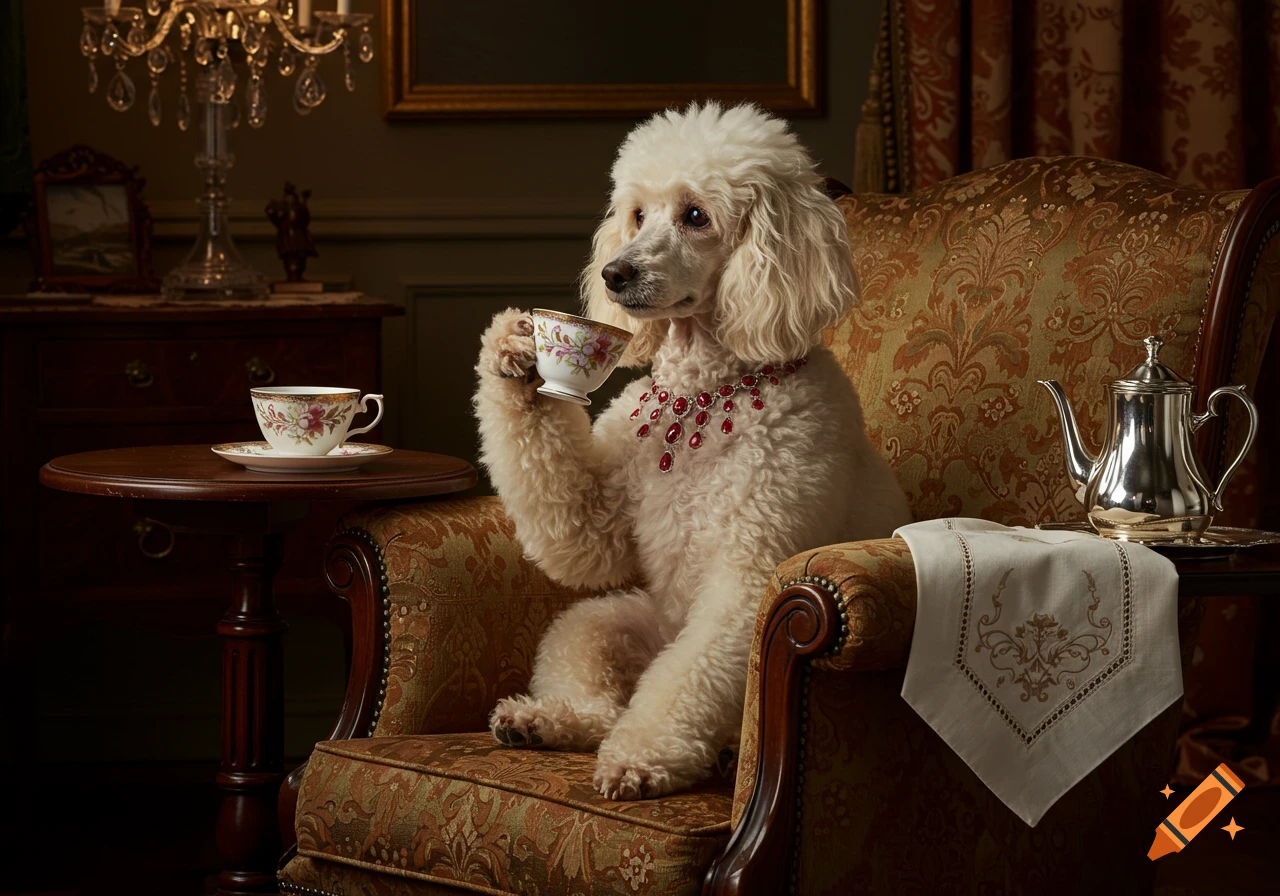 A photorealistic white poodle with a red jeweled necklace sits in a patterned armchair, holding a teacup in a paw.