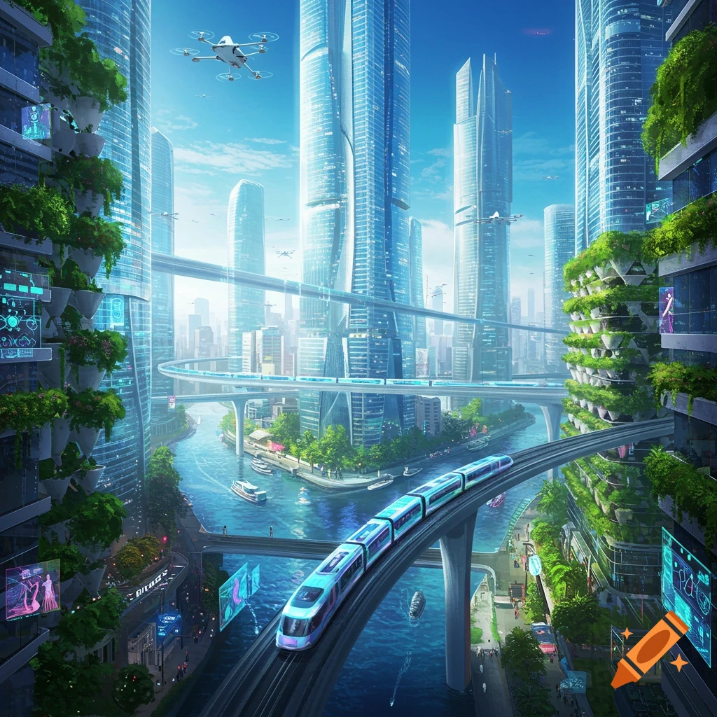 A vibrant futuristic city with towering skyscrapers, elevated trains, and lush vertical gardens, with a river flowing through it and drones in the sky.