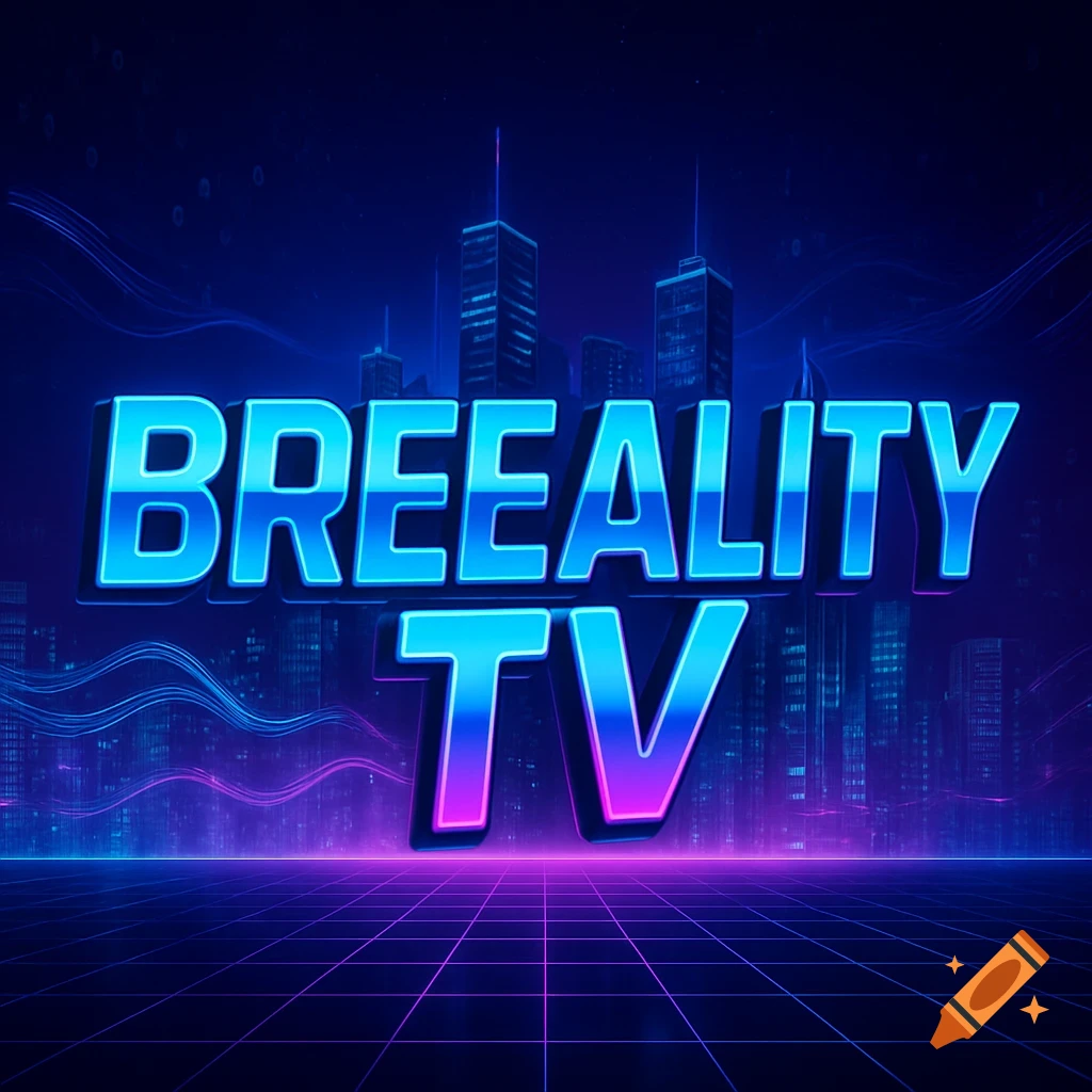 Neon blue and pink 'BREEALITY TV' logo against a futuristic cityscape with a grid ground.