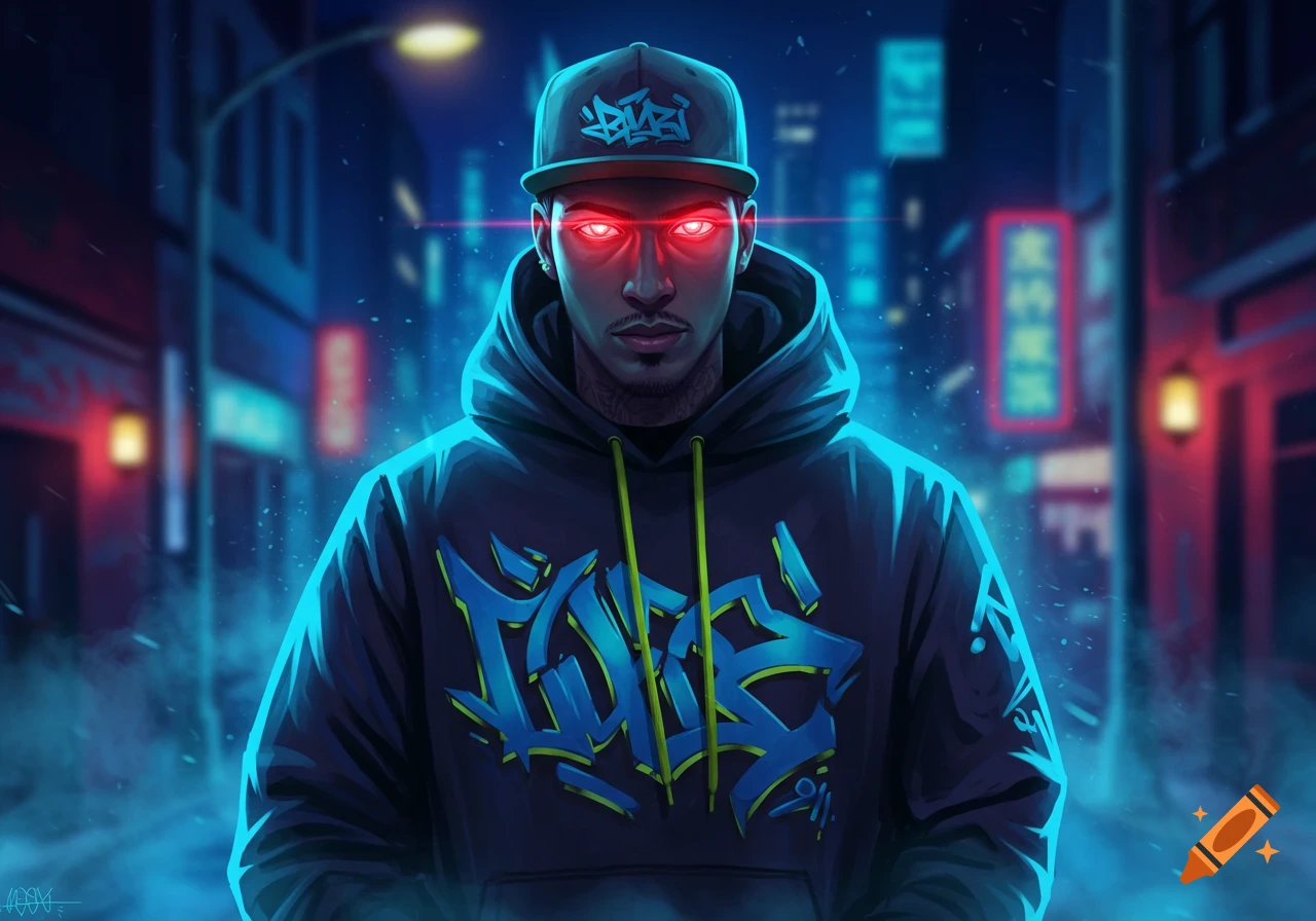 A man with glowing red eyes in a hoodie and cap stands in a neon-lit urban street, in an anime style.