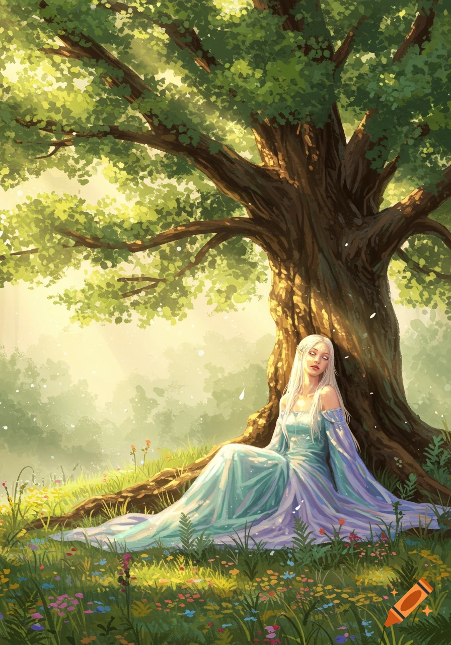 An ethereal blonde elf woman in a blue dress sits peacefully under a large, sunlit tree amidst wildflowers, in an illustrative style.