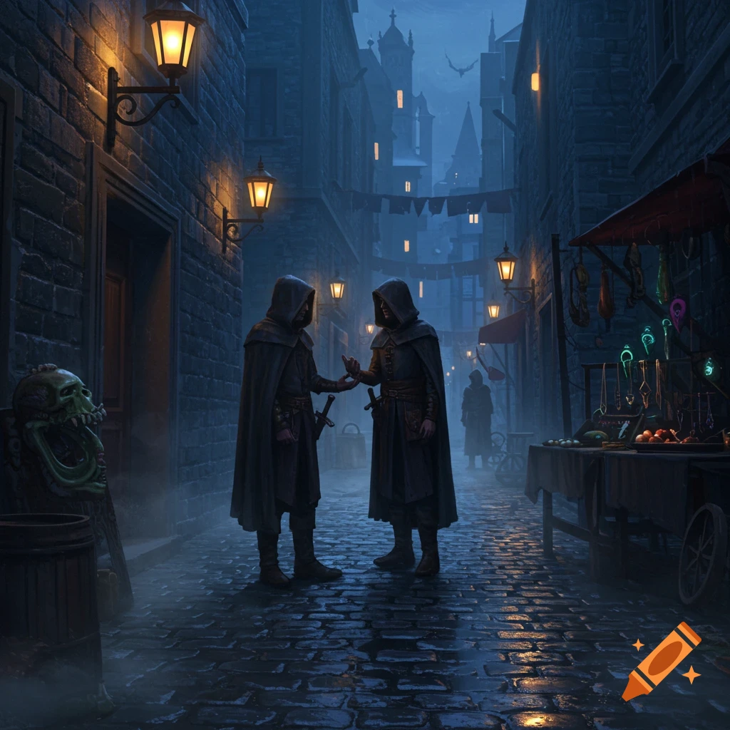 Two cloaked figures meet on a dark, foggy, cobblestone medieval street, lit by lanterns, with market stalls.