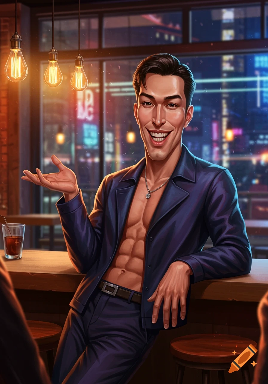 A smiling, muscular man in an open blue suit jacket leans on a bar counter in a dimly lit city bar, cartoon style.