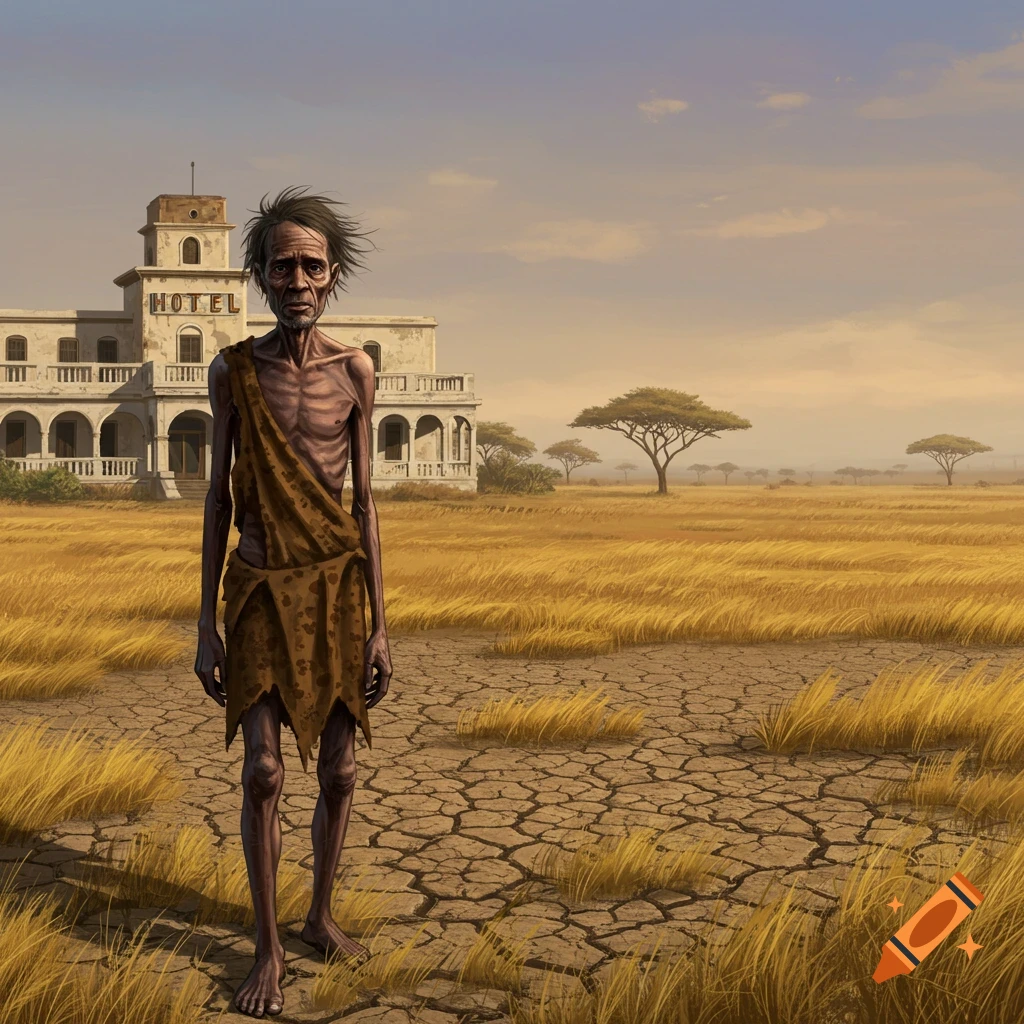 A sad, scrawny man in tattered clothes stands on cracked earth in a dry savanna with a desolate hotel in the background.