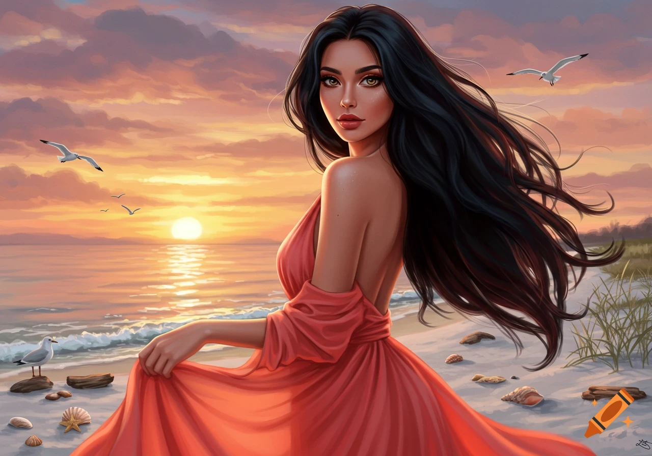 Digital painting of a woman with long dark hair in a flowing red dress on a beach at sunset, looking over her shoulder.