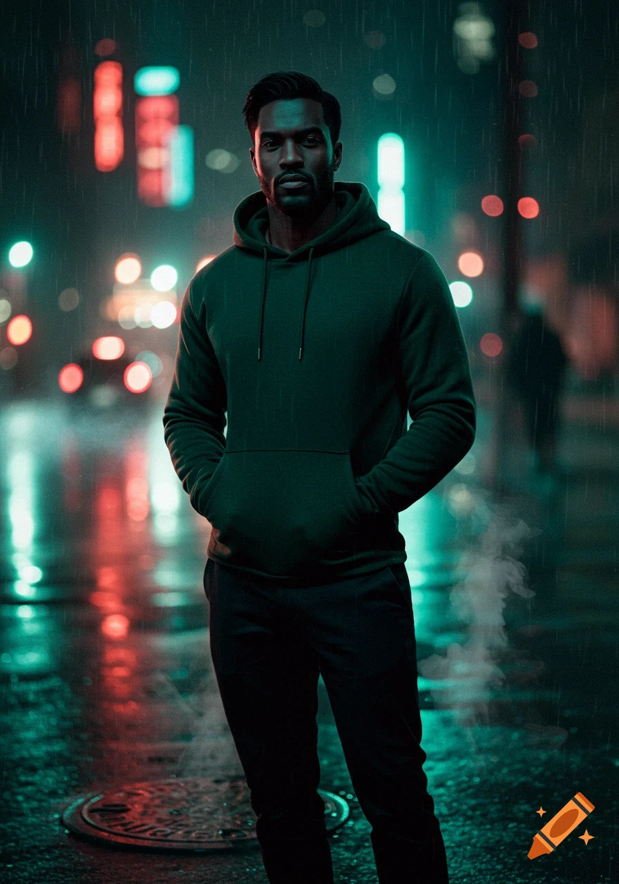 A man with dark hair and a beard stands in a dark green hoodie and black pants on a rainy city street at night, with neon lights reflecting on the wet ground.