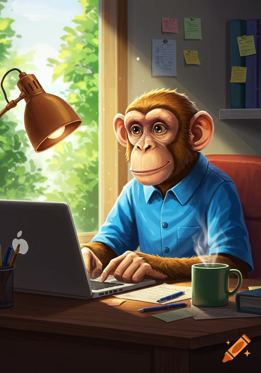 An illustrated monkey in a blue shirt works on a laptop at a sunlit desk.