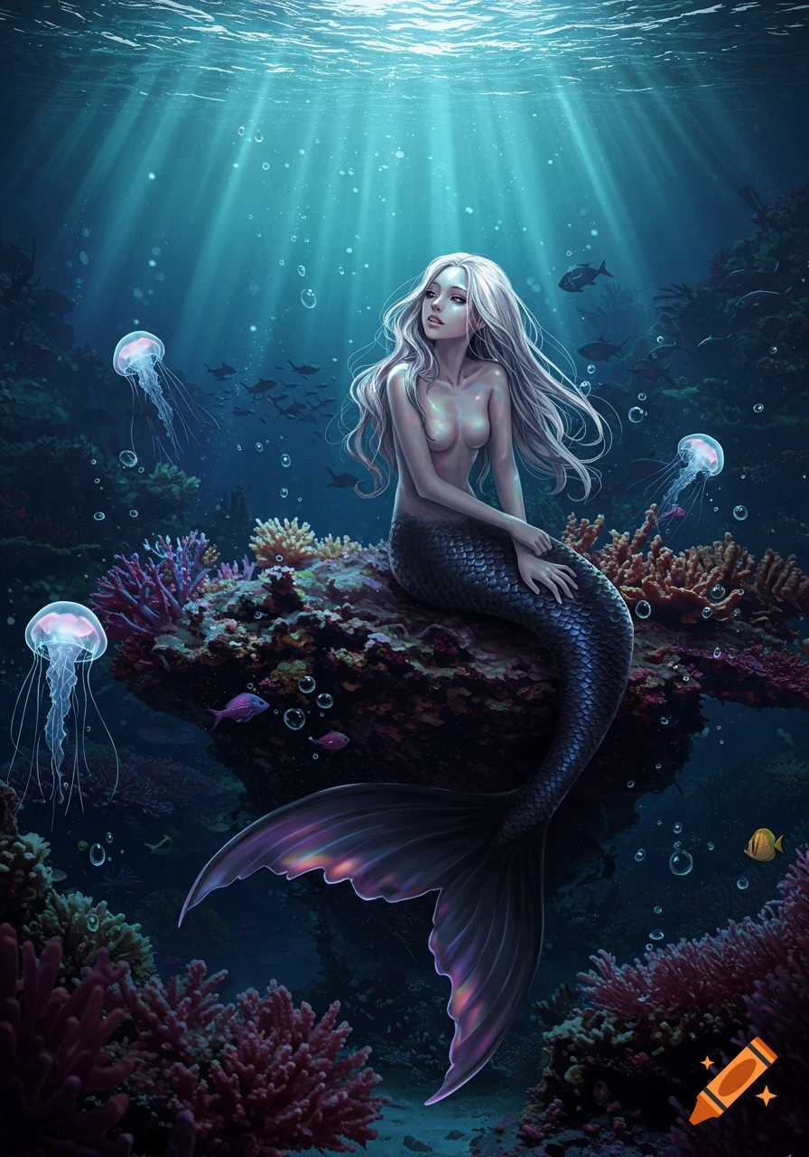 A mermaid with long white hair and an iridescent black tail sits on coral underwater, surrounded by jellyfish, fish, and light rays.