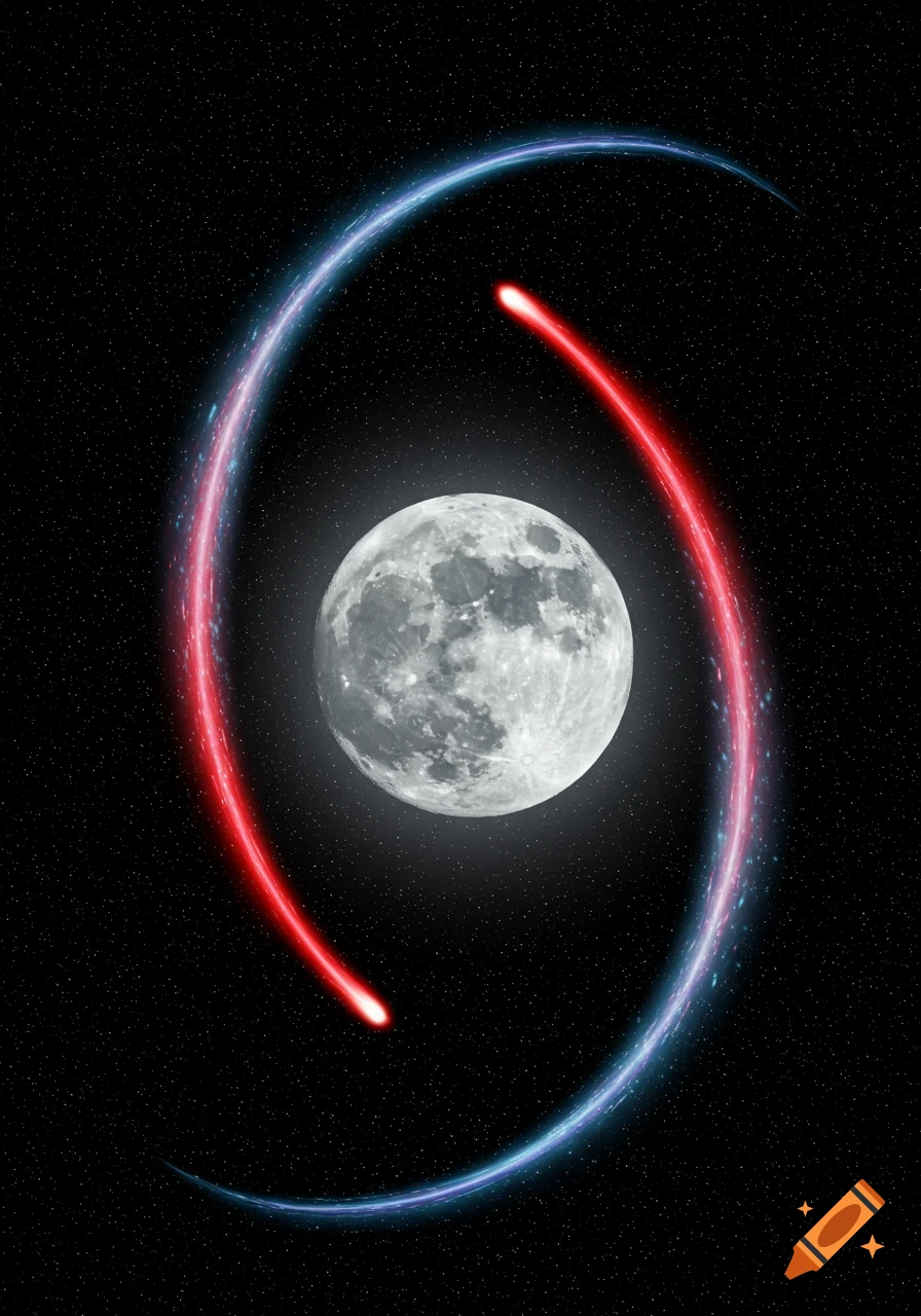 A full moon in deep space, encircled by glowing red and blue light trails with sparkling effects.