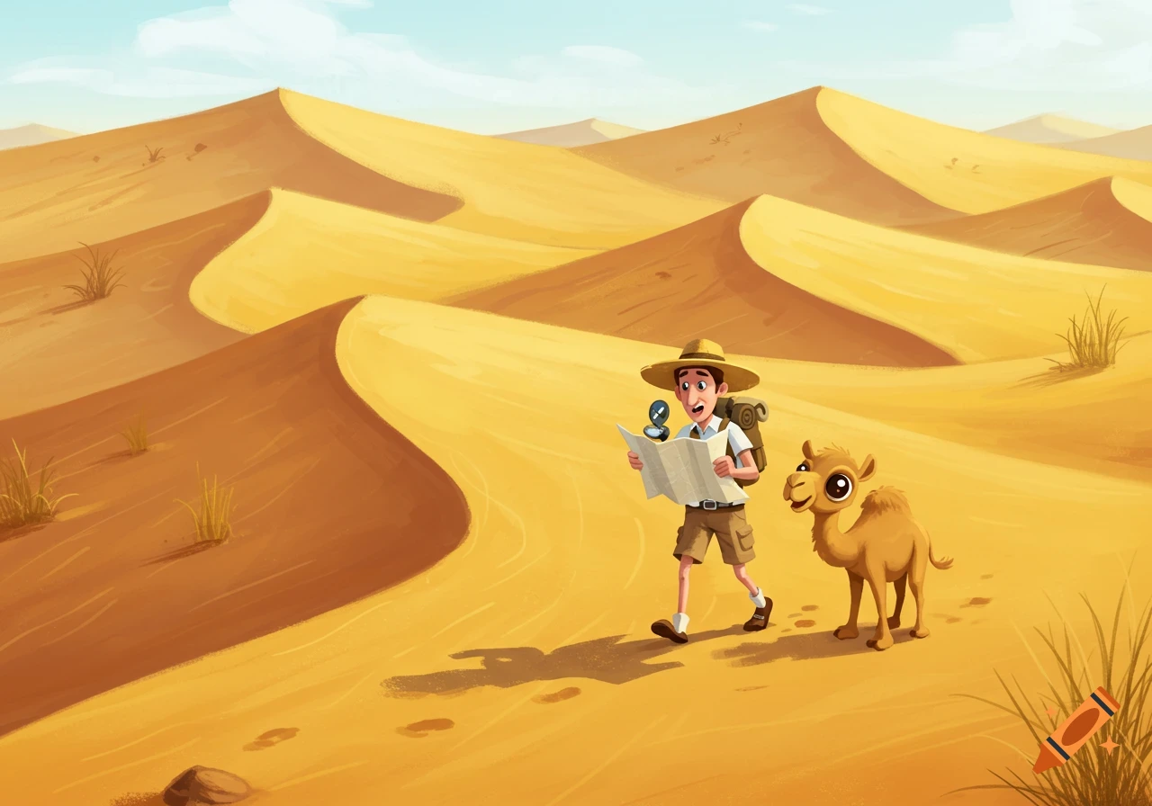 A cartoon explorer in a hat and backpack reads a map while walking with a cute camel across desert sand dunes.