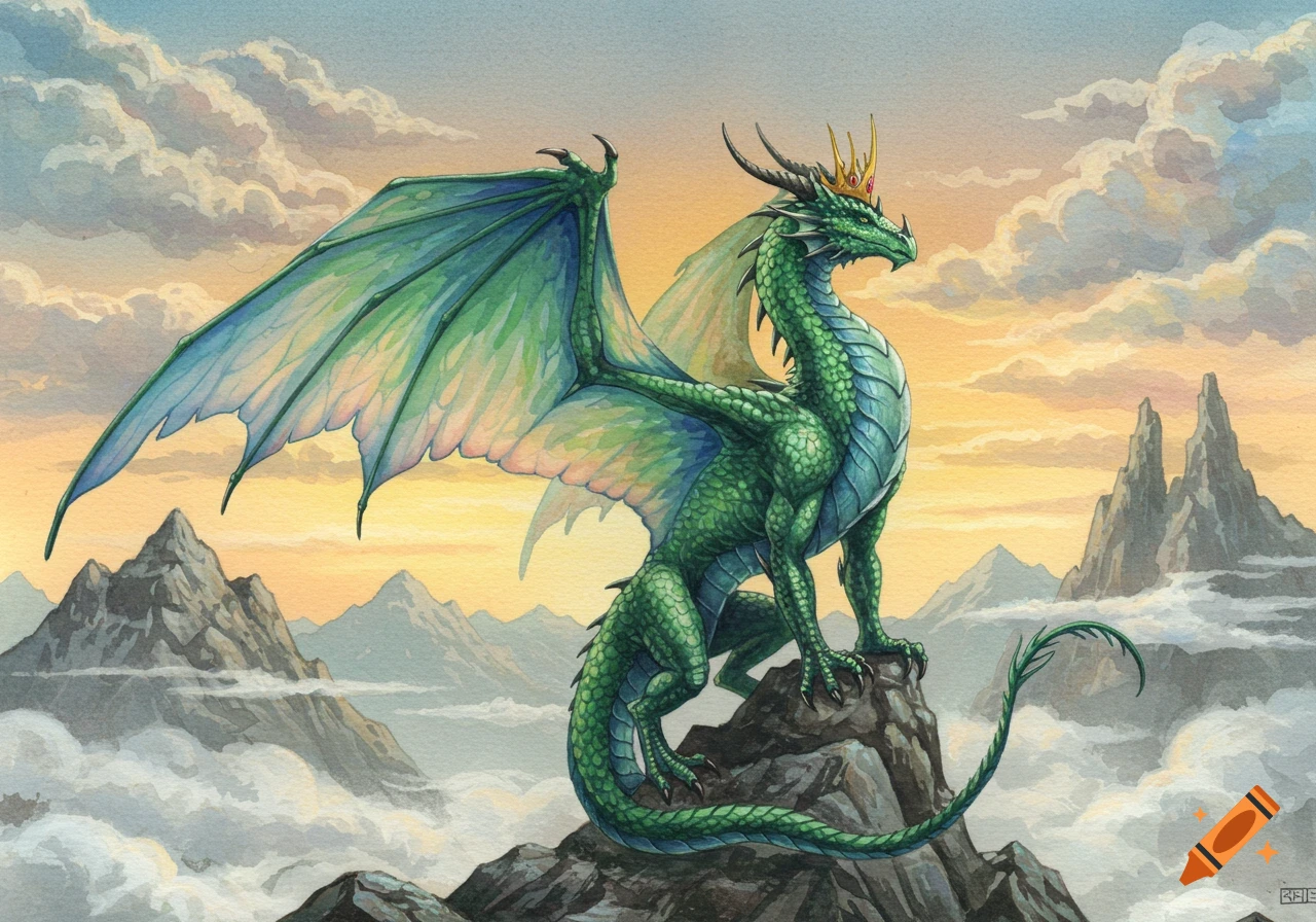 Watercolor painting of a green dragon king with a gold crown standing on a rocky peak, surrounded by clouds and mountains at sunset.