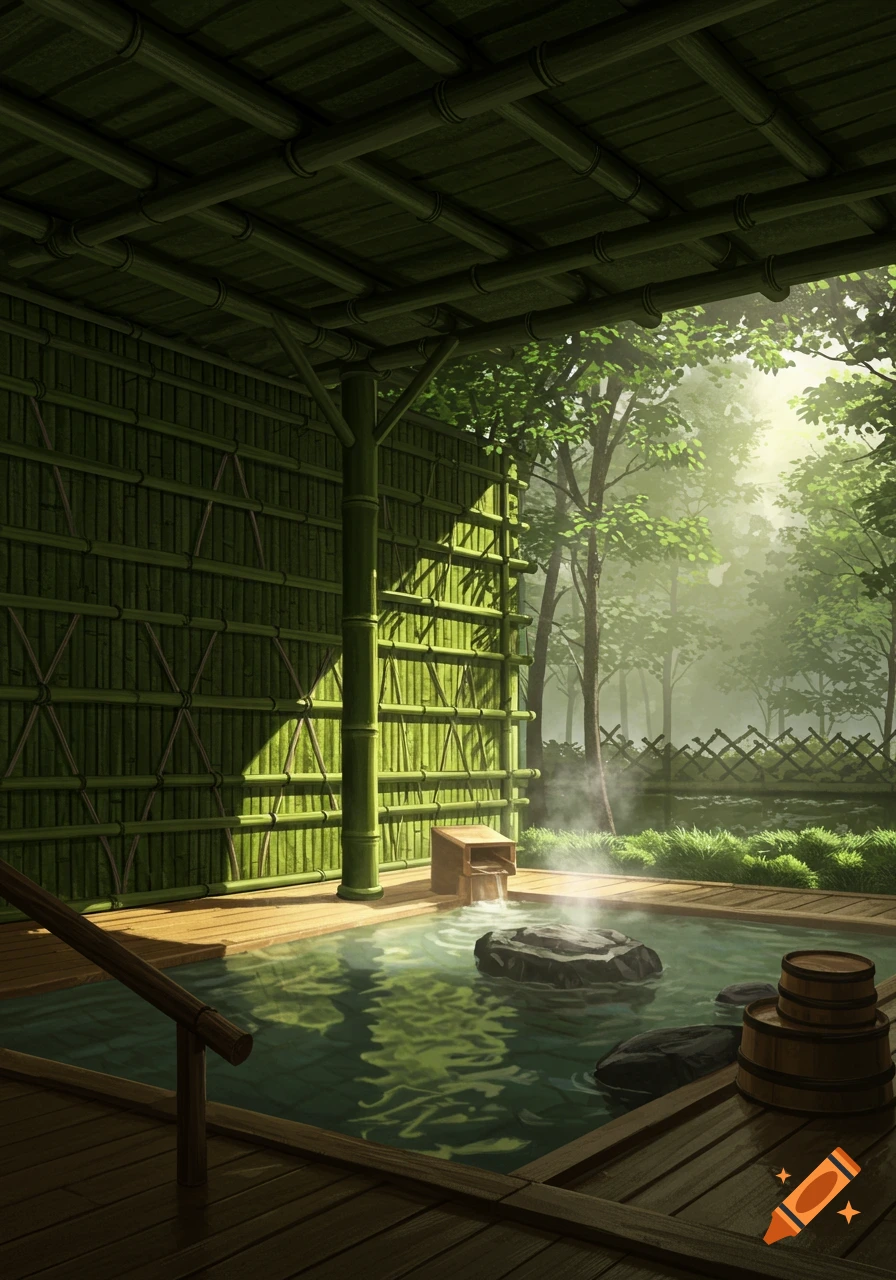 A serene Japanese bamboo outdoor bath with steaming water and a wooden deck, surrounded by a lush forest.