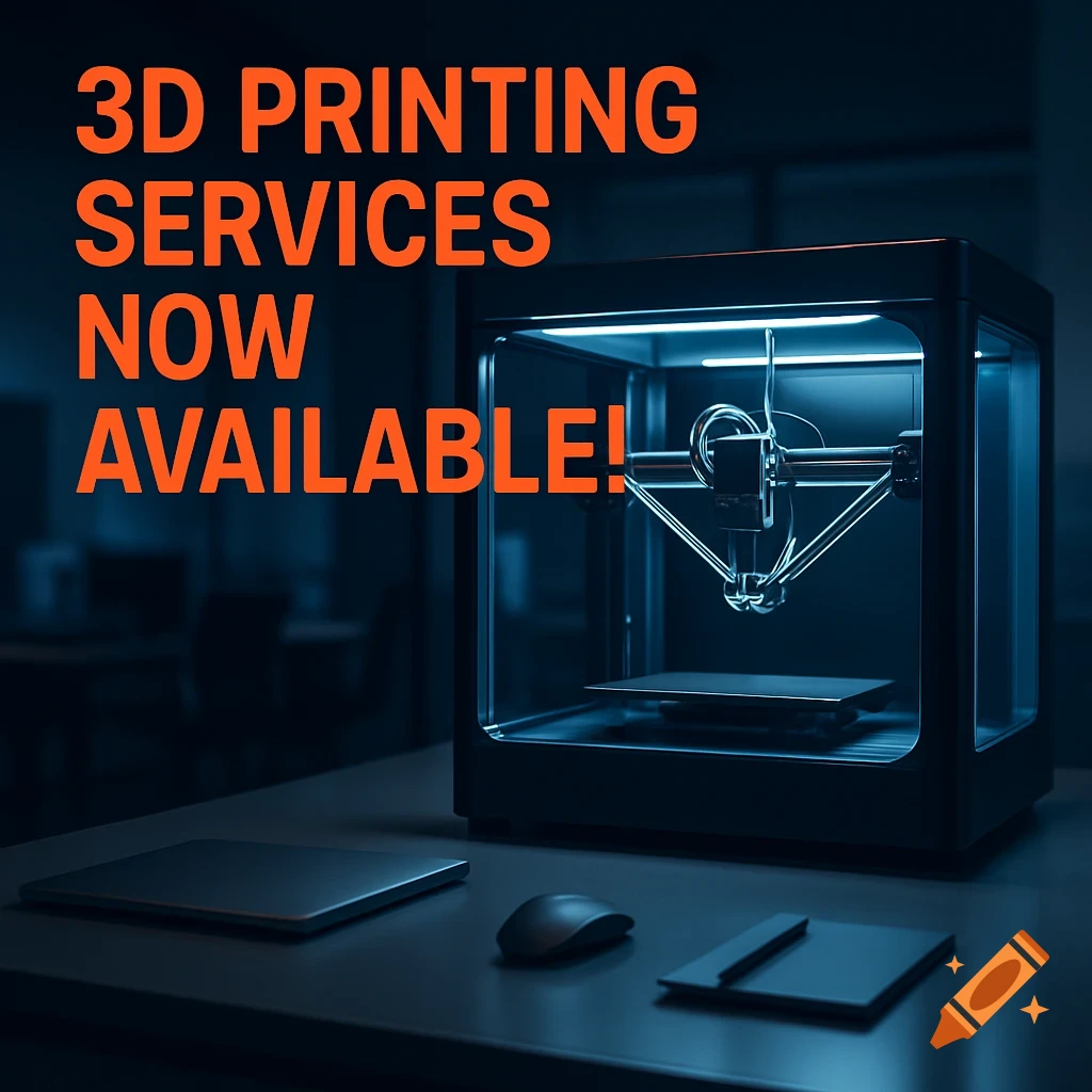 A modern 3D printer sits on a dark desk with a mouse and tablet, illuminated by blue light. Large orange text overlays the image, reading "3D PRINTING SERVICES NOW AVAILABLE!"