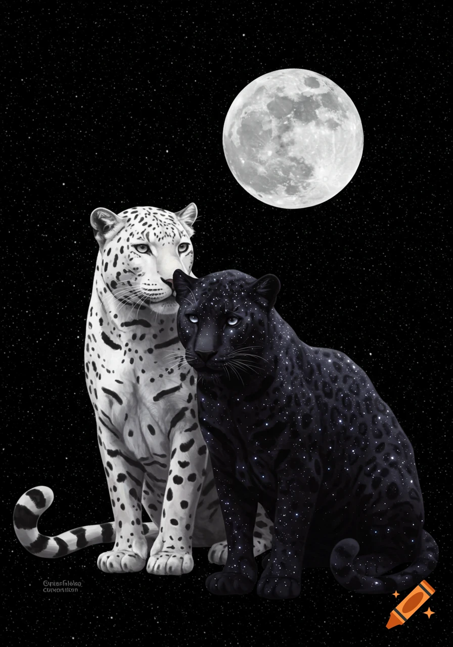 A white leopard and a black panther with starry fur sit together under a full moon in a starry night sky, digital art.