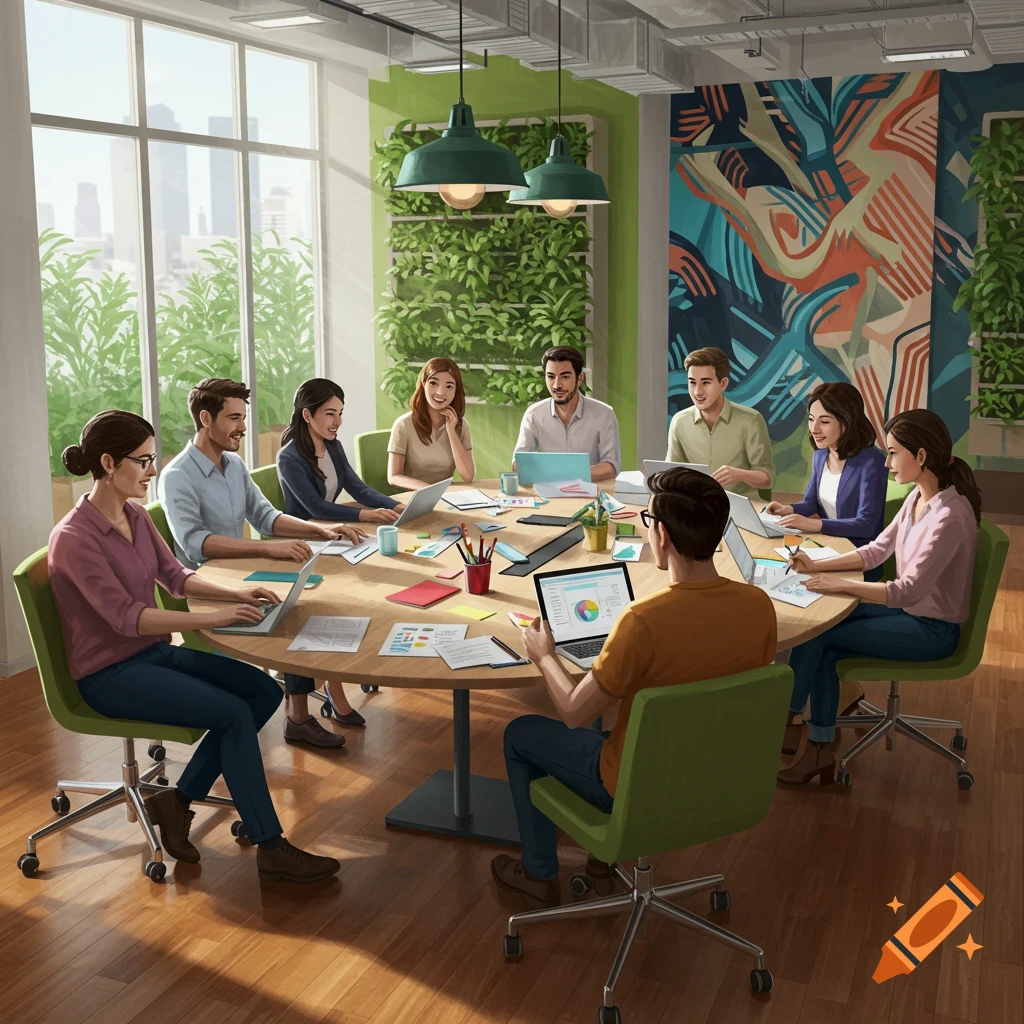 A diverse team of professionals collaborates around a large table in a bright, modern office with plants, working on laptops and documents.