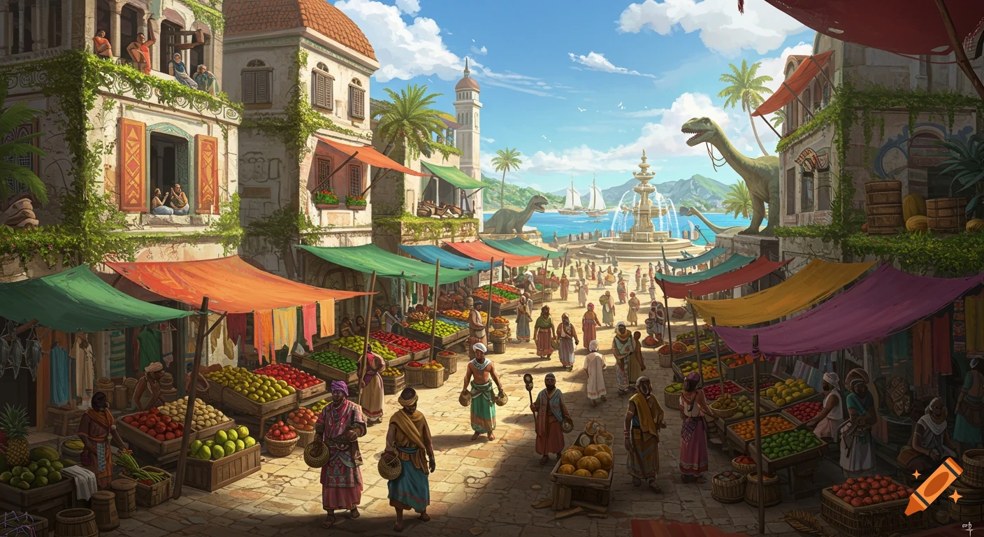 Bustling fantasy market street in a vibrant port city with vendors, colorful stalls, people, and dinosaur statues.