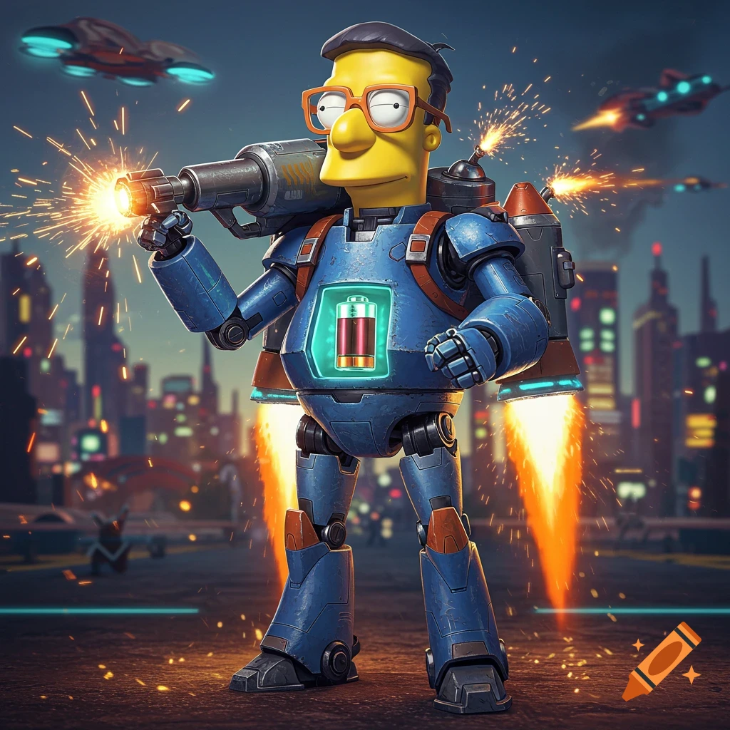 Robotic Milhouse van Houten in a blue suit with jetpack and rocket launcher, sparking, against a futuristic city skyline.