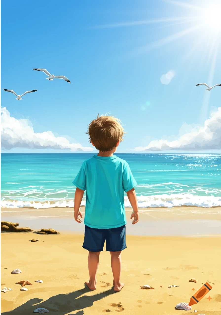A young boy in a blue t-shirt and shorts stands on a sandy beach, looking out at the turquoise ocean under a bright blue sky with seagulls flying. Illustration style.