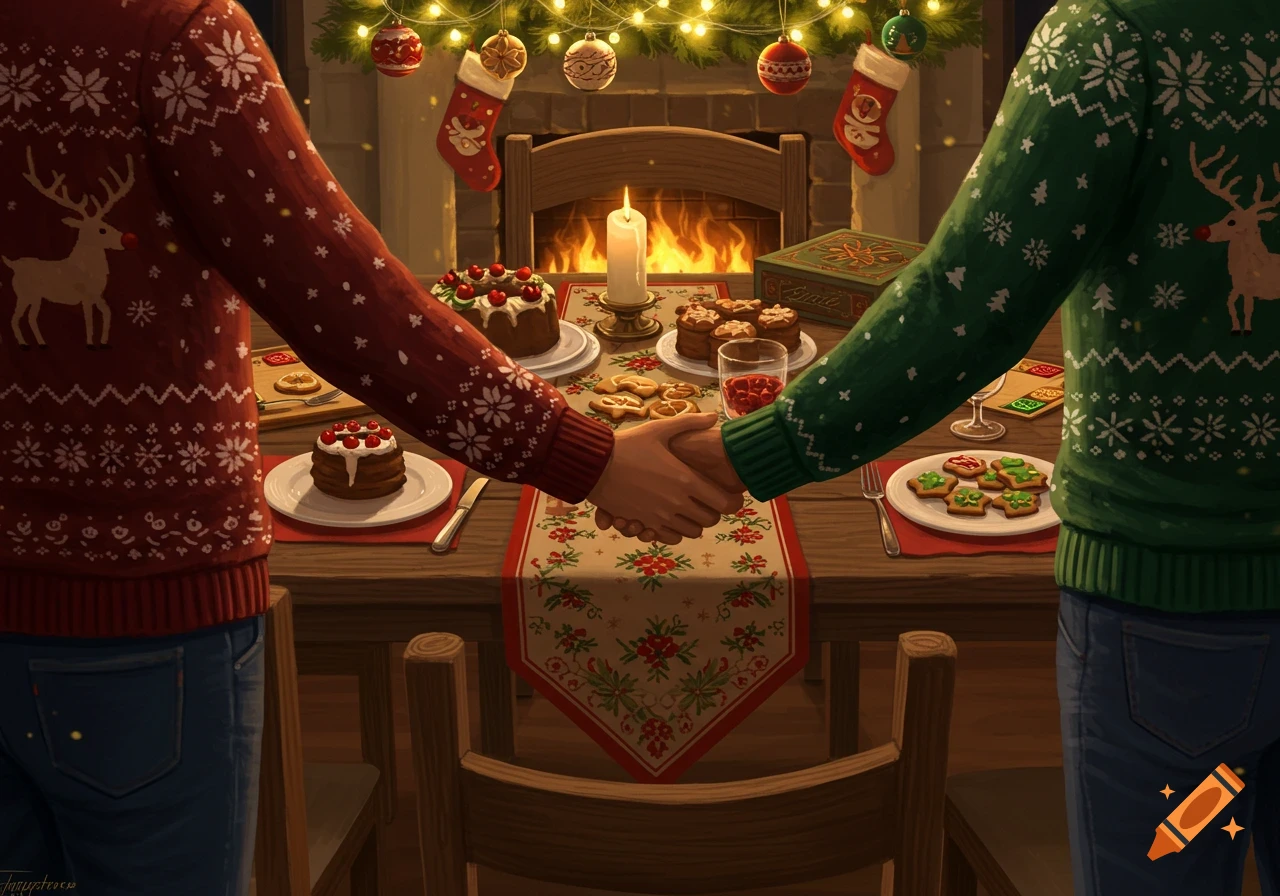 Couple in Christmas sweaters shaking hands over a festive table laden with holiday treats, in front of a fireplace.