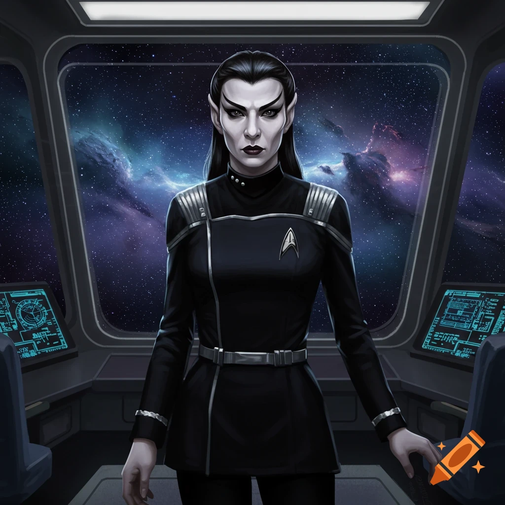 A goth-style female Vulcan captain with dark hair and pale skin stands in a spaceship's cockpit, looking sternly forward. Stars and nebulae are visible through the windows.