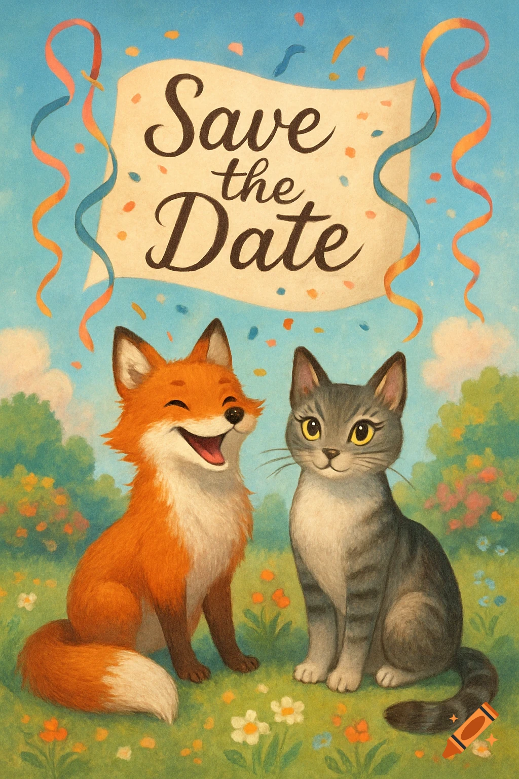A cheerful fox and a calm cat sit on a flowery field under a banner reading 'Save the Date' in a whimsical illustration style.