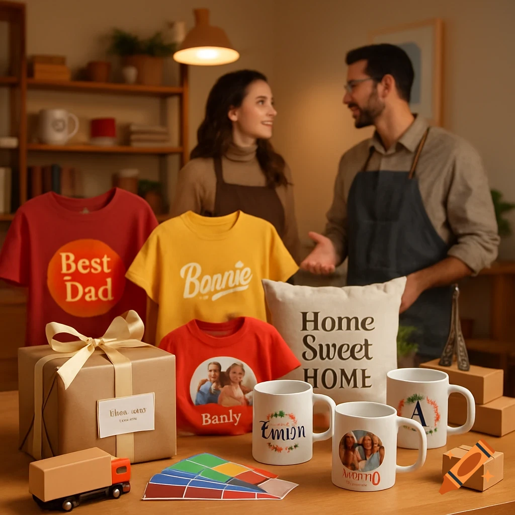 A man and woman in aprons stand behind a table laden with customized gifts: t-shirts, mugs, a pillow, and a wrapped present, in a warm, modern workshop.