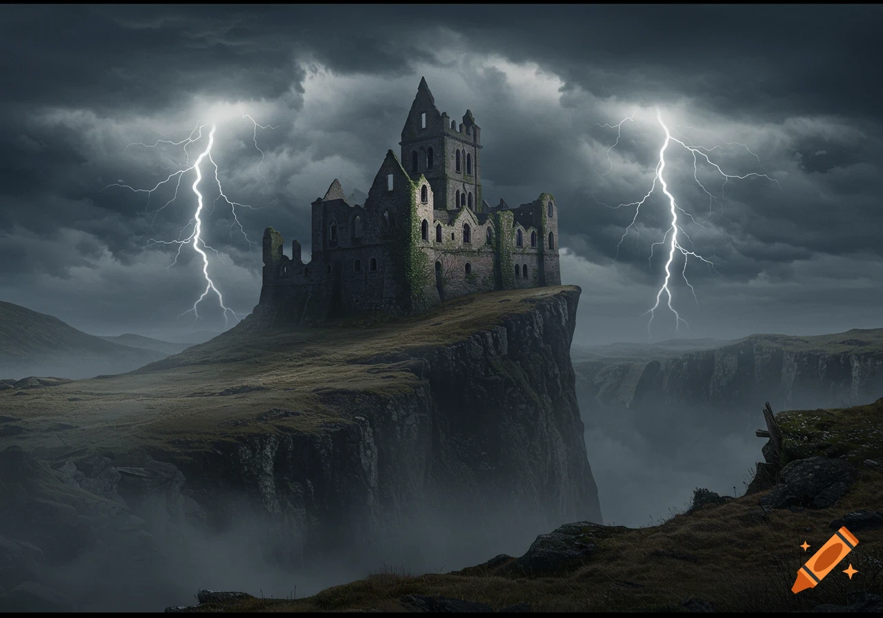 A dramatic, photorealistic image of a ruined castle on a misty cliff, with two lightning bolts striking from a dark, stormy sky.